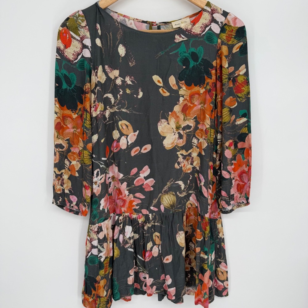 Meadow Rue Anthropologie Floral Drop Waist Mini Dress Grey Orange Bohemian 0